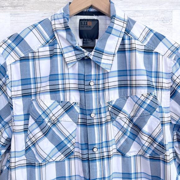 5.11 Tactical Short Sleeve Snap Button Shirt Blue Plaid Workwear Mens Medium - Picture 2 of 6